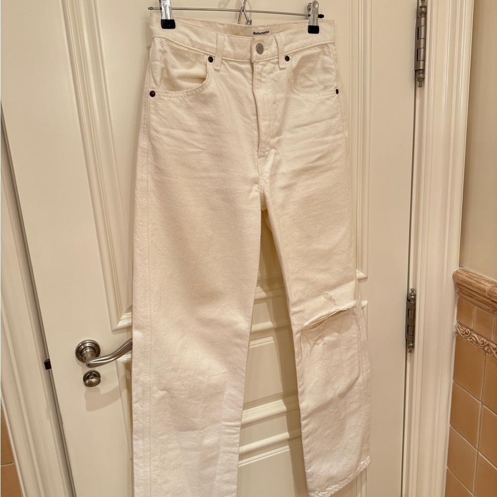 Reformation Cowboy High Rise Straight Leg Jeans in Vintage White Distressed